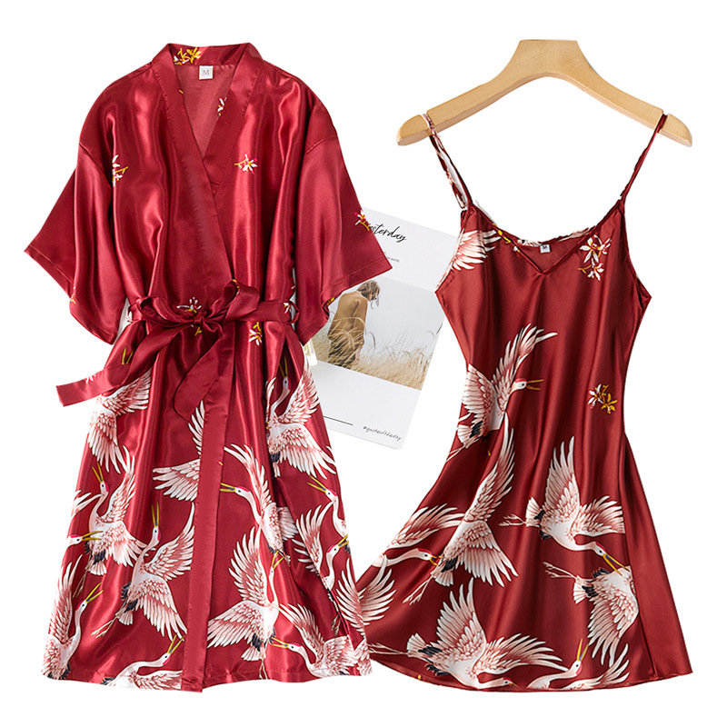 Robe Silk Women - Merah Marun Wanita 2PCS Faux Sutra